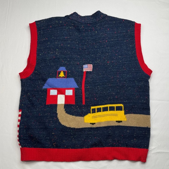 Vintage sweaterloft sweater vest cardigan Medium M Teacher Navy Red Graphic knit - Picture 7 of 7
